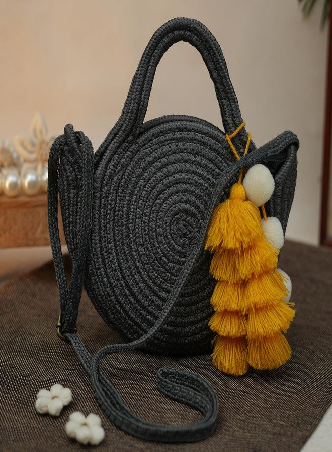 Ariya Women Sling Bag with Tassel Charm (4063 | Dark Gray) Handcrafted PP & Cotton Blend Shoulder Purse, Perfect for Ladies & Girls, Lightweight Crossbody Bag for Daily Use, Casual, Travel - Image 2
